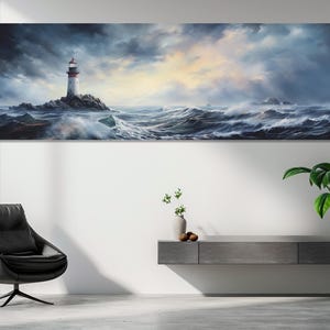 Scenic Lighthouse in Storm Painting Canvas Print, Nautical Wall Art, Panoramic Sea Storm Poster, Lighthouse Painting, Framed & Ready to Hang