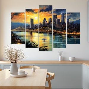 Arte de parede abstrata de Pittsburgh, impressão em tela do horizonte de Pittsburgh, pintura de Pittsburgh, decoração de parede de Pittsburgh, emoldurada e pronta para pendurar imagem 7