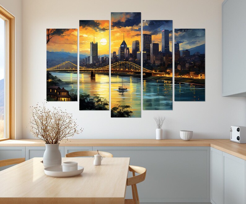 Arte de parede abstrata de Pittsburgh, impressão em tela do horizonte de Pittsburgh, pintura de Pittsburgh, decoração de parede de Pittsburgh, emoldurada e pronta para pendurar imagem 7