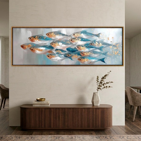 Impressão em tela de cardume de peixes, arte abstrata marinha para parede, decoração náutica moderna.
