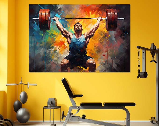 Gym Wall Decor, Weightlifter Lifts Barbell Painting Canvas Print, Weightlifting Canvas, Abstract Fitness Wall Art, Framed and Ready to Hang