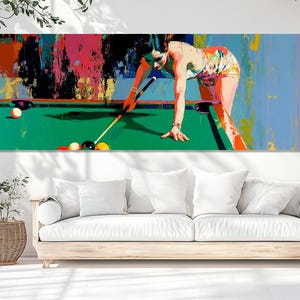 Lady Playing Billiards Canvas Print, Billiards Wall Art, Retro Style Billiards Painting, Billiards Room Wall Decor, Framed & Ready to Hang
