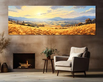 May include: A panoramic landscape painting depicting a field of golden wheat with a distant view of rolling hills and a blue sky with white clouds. The sun is setting in the distance, casting a warm glow over the scene.