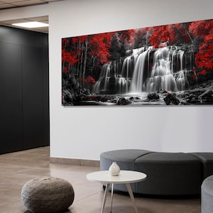 Abstrakte Schwarz-Weiß-Wasserfall im roten Wald Leinwanddruck, Wasserfall Wandkunst, Natur Landschaftsmalerei, gerahmt und fertig zum Aufhängen
