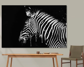 Zebra Black and White Canvas Print, Zebra Wall Art, Watercolor Abstract Zebra Canvas Art