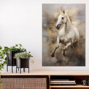 Impresión en lienzo de pintura al óleo de caballo blanco, arte de pared de caballos, enmarcado y listo para colgar