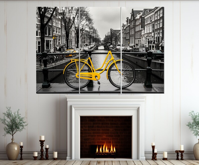 Yellow Bicycle in Amsterdam Canvas Print, Black and White Amsterdam