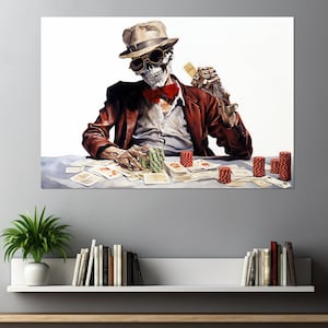 Skeleton in Sunglasses Playing Poker Canvas Print, Poker Wall Art, Poker Club Decor, Gambler Gift, Framed and Ready to Hang