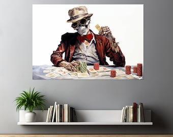 Skeleton in Sunglasses Playing Poker Canvas Print, Poker Wall Art, Poker Club Decor, Gambler Gift, Framed and Ready to Hang