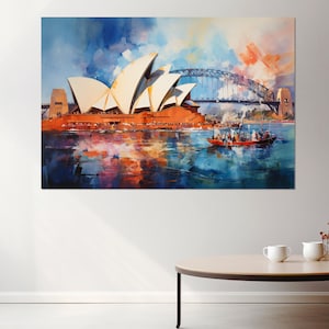 Opernhaus in Sydney Retro-Stil Ölgemälde Leinwanddruck, Sydney Gemälde, Sydney Wandkunst, Australien Leinwandkunst, gerahmt und fertig zum Aufhängen