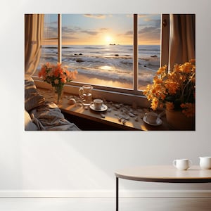 Ocean Waves from Window Painting Canvas Print, Scenic Sea View Canvas Art, Framed and Ready to Hang