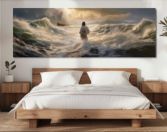 Jesus geht auf Wasser Leinwanddruck, religiöse Malerei, Jesus geht auf Wasser Malerei, religiöse Wandkunst, gerahmt und fertig zum Aufhängen