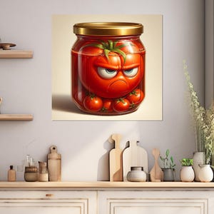 Wütend eingelegte Tomate im Glas Leinwanddruck, Küchen Wanddekoration, Küchen Wandkunst, Gemüse Poster, Hausfrau Geschenk, gerahmt und fertig zum aufhängen