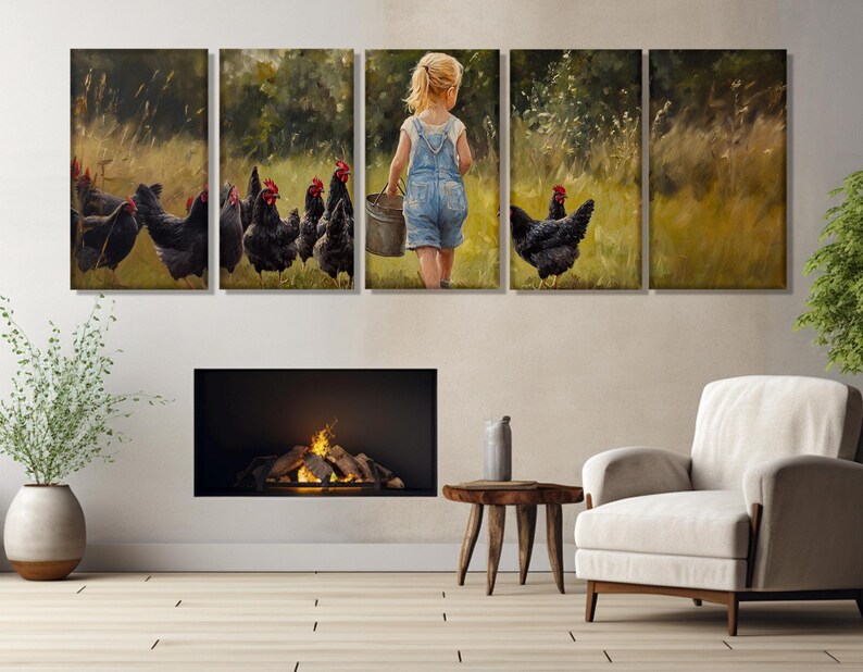 Little Girl Feeding Chicken Painting Canvas Print, Farmhouse Wall Decor