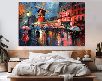 Abstract Paris Painting Canvas Print, Paris Street Romantic Wall Art, Paris Windmill Painting, Paris Wall Art, Framed and Ready to Hand