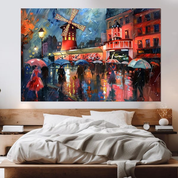 Impresión en lienzo de pintura abstracta de París, arte mural romántico de calles de París, pintura de molinos de viento de París, arte mural de París, enmarcado y listo para entregar.