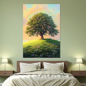 Serene Landschaft mit Eiche Baum Malerei Leinwand, Malerische Natur Wandkunst, Eiche Poster, Neutrale Wanddekoration, gerahmt und fertig zum Aufhängen