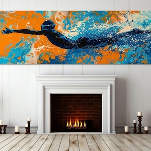 Abstract Swimmer Painting Canvas Print, Pop Art Swimming Wall Art, Swimming Canvas Print, Swimmer Gift, Framed and Ready to Hang