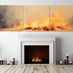 Large Burning Fire Canvas Print, Panoramic Wall Art, Livingroom Decor, Housewarming Gift, Abstract Fire Painting, Framed and Ready to Hang