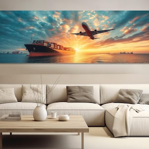 Logistik Wandkunst, Flugzeug und Frachtschiff Leinwanddruck, Fracht Wandkunst, Fracht Büro Wanddekor, Containerschiff Poster, gerahmt, fertig zum Aufhängen