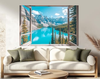 Open Window with Moraine Lake Landscape Canvas Print, Banff National Park Painting, Alberta Canvas Wall Art, Framed & Ready to Hang