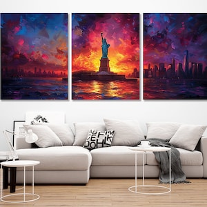 Panoramic New York Skyline, Statue of Liberty Canvas Print, New York Wall Art, Framed and Ready to Hang