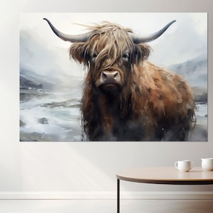Highland Cow Canvas Print, Abstract Highland Cow Painting, Framed and Ready to Hang