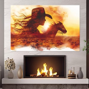 Abstract Wild West Canvas Print, Cowgirl Silhouette Poster, Cowboy Art, Cowgirl Bedroom Decor, Wild West Painting, Framed & Ready to Hang