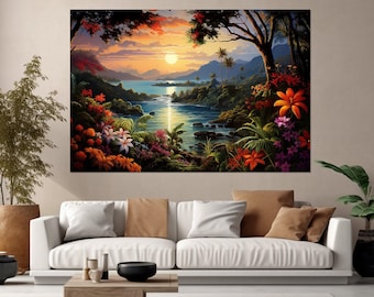 Obraz na płótnie „Jawa Wyspa”, Wielkie Wyspy Sundajskie w Indonezji, Malowidło ścienne, Malowidło przedstawiające malownicze wybrzeże wyspy Jawa, Oprawione i gotowe do powieszenia