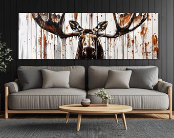 Stampa su tela con dipinto astratto di un alce, arte murale con alce, arte murale con animali, poster di alce, arte panoramica su tela con alce, incorniciata e pronta per essere appesa