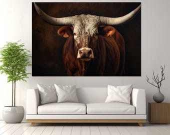 Texas Longhorn Leinwanddruck, Texas Rindermalerei, Longhorn Kuh Wandkunst, gerahmt und fertig zum Aufhängen