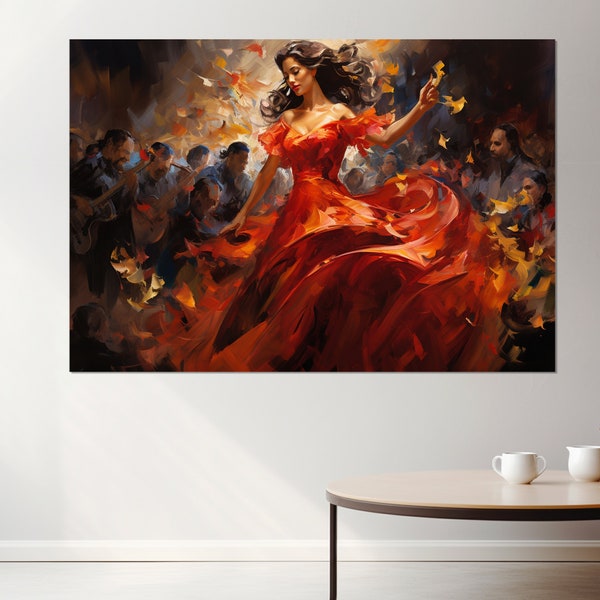 Beautiful Flamenco Dancer Painting Canvas Print, Dancing Wall Art, Vintage Bar Painting, Dancing Studio Decor, Framed and Ready to Hang