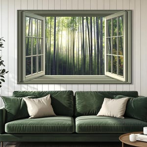 Open Window with Bamboo Forest View in Japan Canvas Print, Bamboo Trees Wall Art, Japan Window Painting, Framed and Ready to Hang image 1