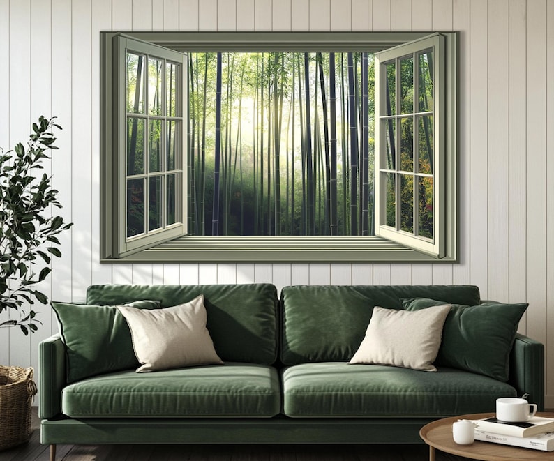 Open Window with Bamboo Forest View in Japan Canvas Print, Bamboo Trees Wall Art, Japan Window Painting, Framed and Ready to Hang image 1