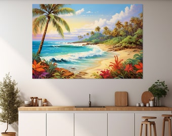 Tropical Beach Painting Canvas Print, Beach Wall Art, Colorful Coast Painting, Framed and Ready to Hang