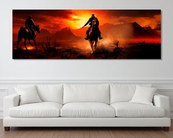 Cowboys in the Desert Abstract Painting Canvas Print, Large Wild West Print, Framed and Ready to Hang