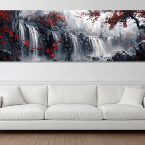 Grande tela com paisagem de cachoeira, tela abstrata em preto e branco com árvores vermelhas, arte em cachoeira, emoldurada e pronta para pendurar