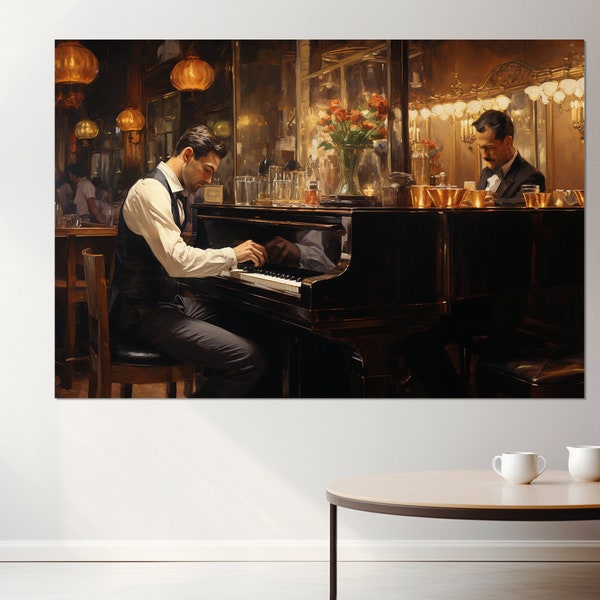 Pianist Playing in Bar Retro Painting Canvas Print, Piano Wall Art, Vintage Bar Painting, Pianist Gift, Framed and Ready to Hang