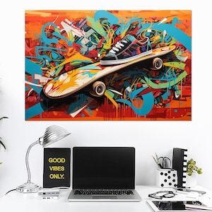 Skateboard Pop Art Canvas Print, Skateboarding Wall Art, Abstract Skateboard Poster, Skateboarder Gift, Framed and Ready to Hang