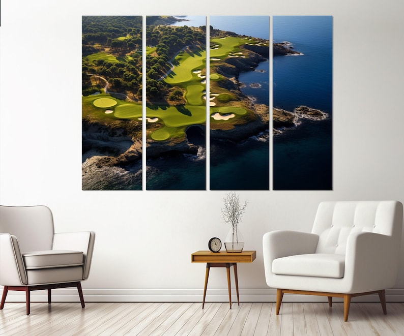 Impressão em tela de campo de golfe à beira-mar, arte de parede de golfe, decoração de resort de golfe, presente para jogador de golfe, decoração de parede de clube de golfe, emoldurada e pronta para pendurar imagem 4