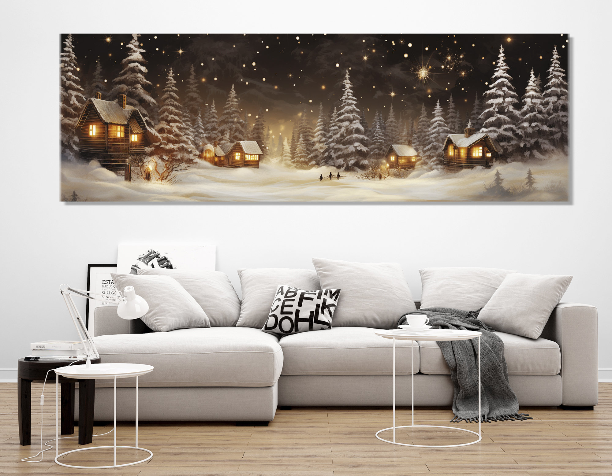 ぐるみん　キャンバスアート　冬 冬の村の絵画キャンバスプリント、冬の壁アート、クリスマスの壁飾り