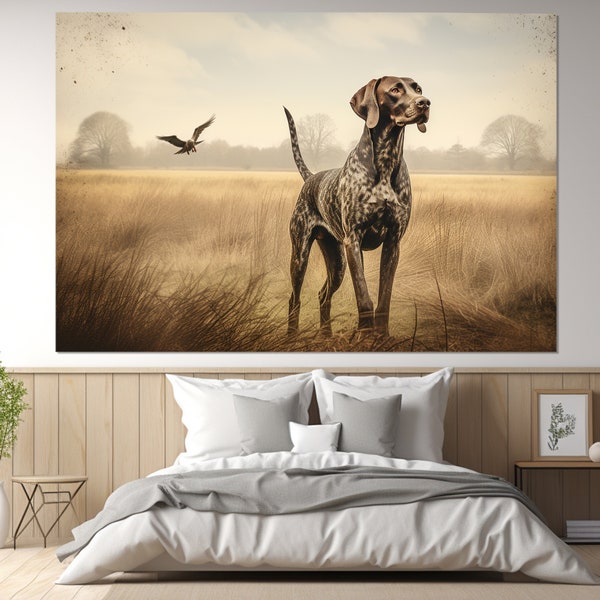 Pointeur allemand à poil court sur l’impression sur toile de chasse, art mural de chasse, cadeau de chasseur, encadré et prêt à accrocher