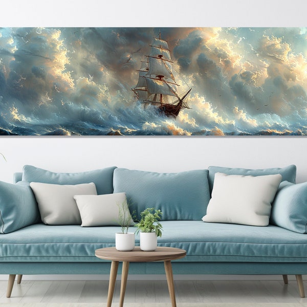 Bateau à voile vintage dans la tempête, impression sur toile de style Aivazovsky, oeuvre d'art murale sur les voiles, peinture mer orageuse, encadrée et prête à accrocher