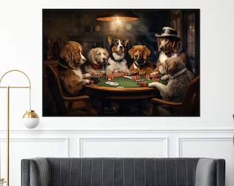 Dogs Playing Poker Painting Canvas Print, Abstract Poker Wall Art, Poker Club Wall Decor, Poker Player Gift, Framed and Ready to Hang