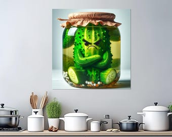 Boze augurk in een pot canvasprint, keukenmuurdecoratie, grappige keukenmuurkunst, groentenposter, komkommerprint, huisvrouw cadeau