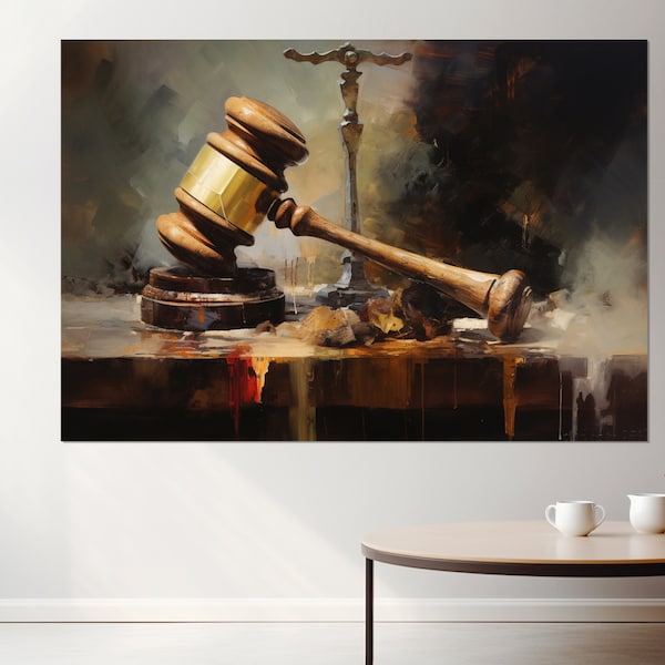 Justice Wall Art, Judge Hammer Vintage Style Oil Painting Canvas Print, Lawyer Gift, Lawyer Office Decor, Framed and Ready to Hang