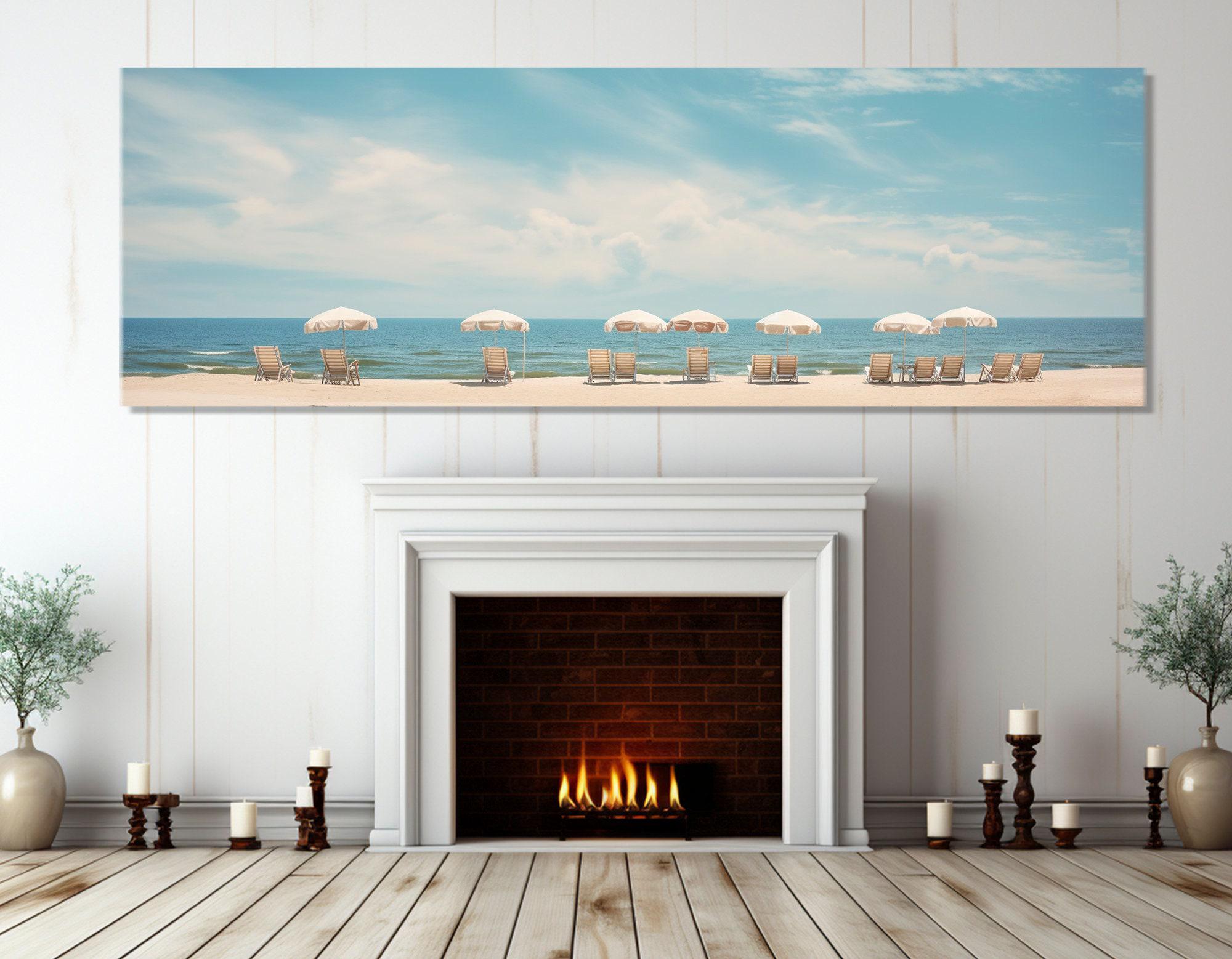 Beach with Sun Loungers and Umbrellas Painting Canvas Print, Gentle Tones Beach Painting, Abstract Beach Wall Art, Framed and Ready to Hang
