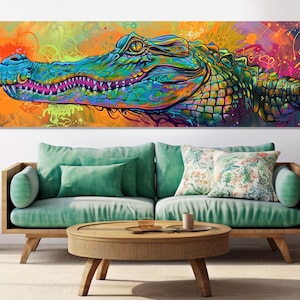 Puede incluir: Una pintura abstracta colorida de la cabeza de un caimán con un esquema de colores verde, azul y amarillo brillante. El fondo es una mezcla de naranja, amarillo y rosa.