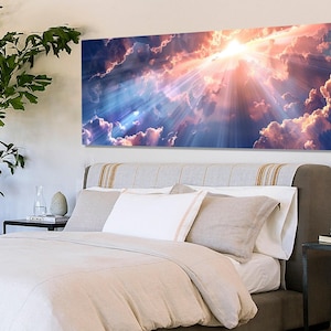Heavenly Beams of Light Shining through Clouds Canvas Print, Heaven Wall Art,  Religious Painting, Sky Canvas Art, Framed & Ready to Hang