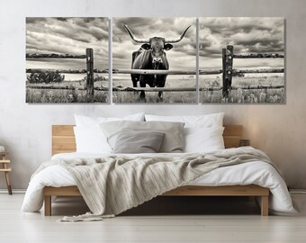 Large Farmhouse Wall Art, Black and White Cow Canvas Print, Cow Poster, Farmhouse Wall Decor, Farmer Gift, Framed and Ready to Hang